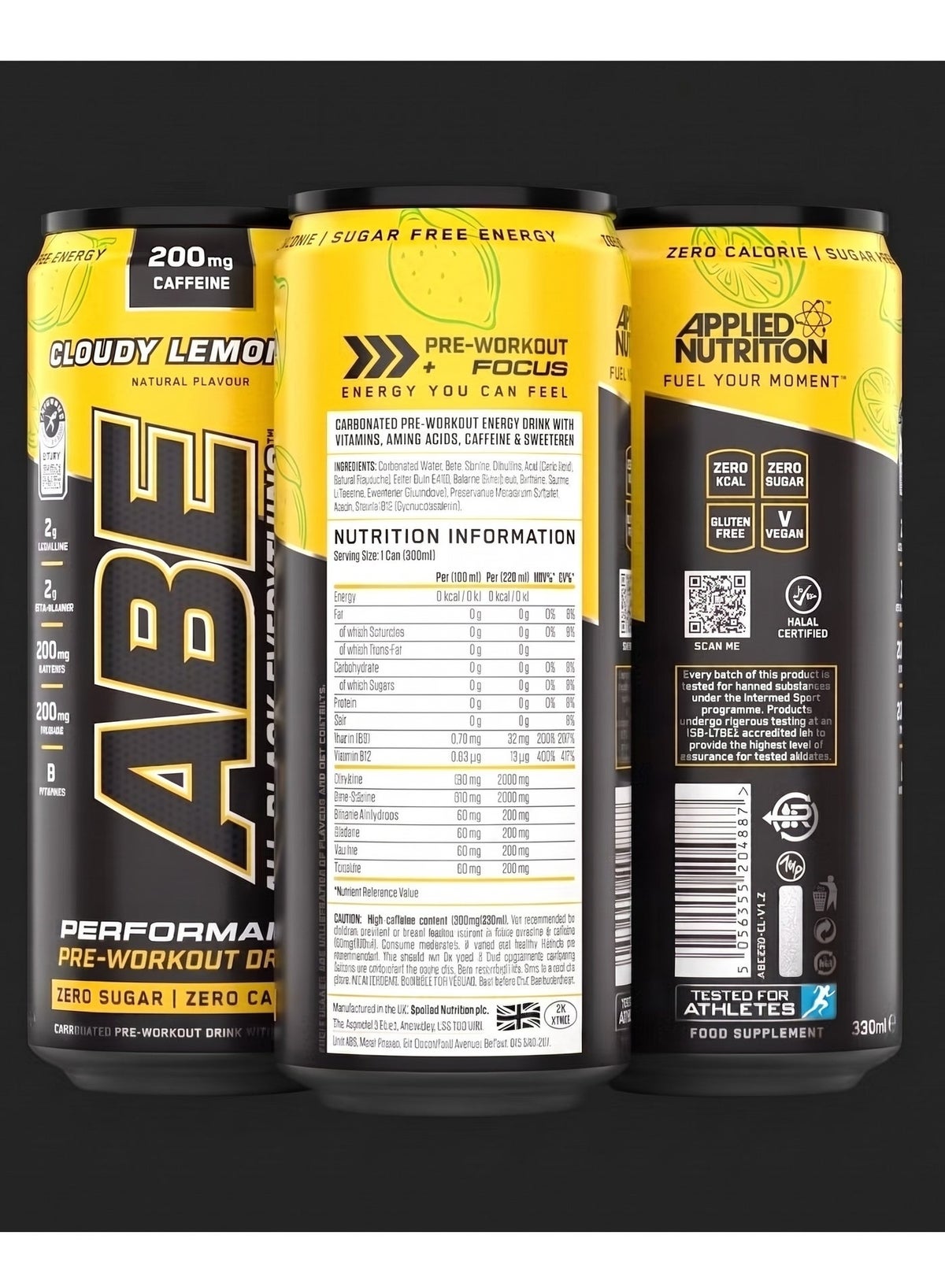 Applied Nutrition ABE Energy Plus Pre-Workout Athletic Drink Food Supplement Cloudy Lemonade Flavour 330ml Pack 12Pcs