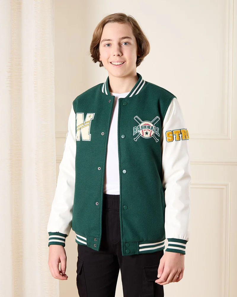 Redtag Senior Boys Green Baseball Jacket