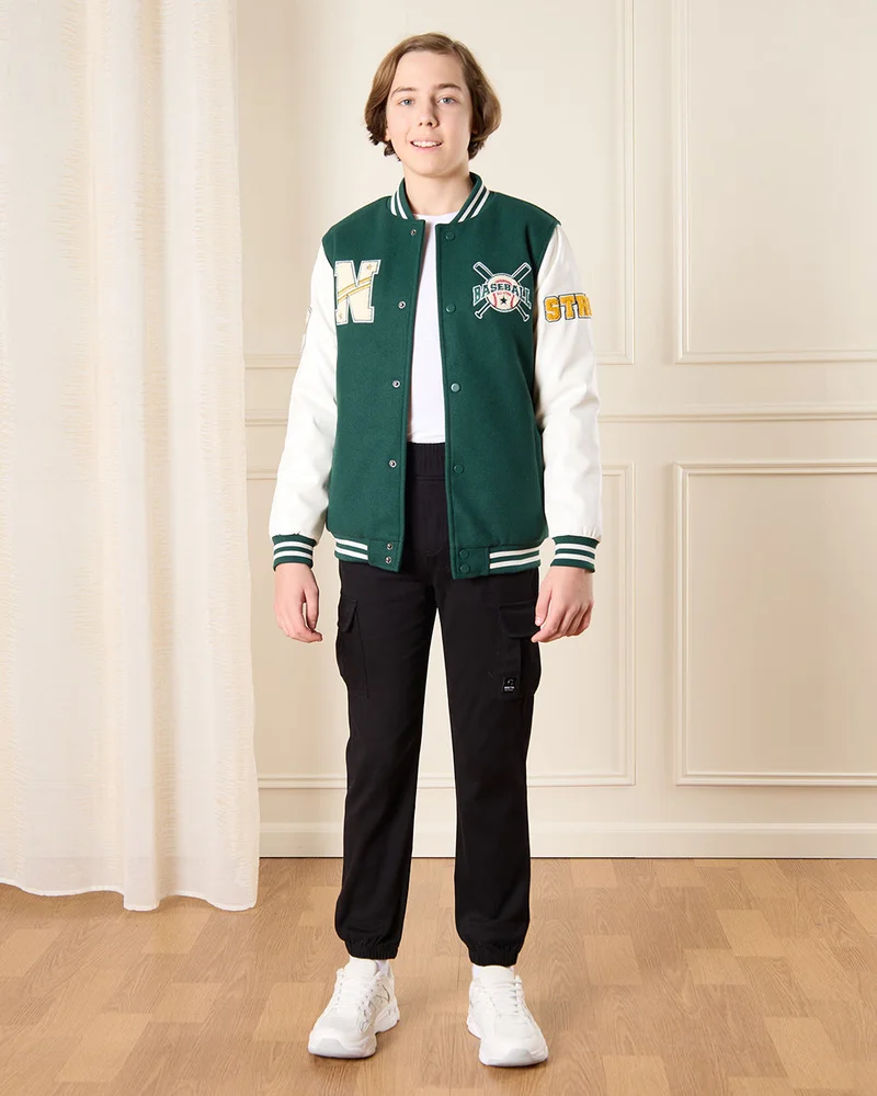Redtag Senior Boys Green Baseball Jacket