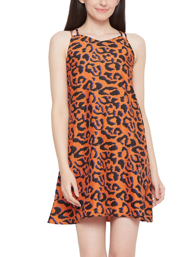 Clovia Women's Crepe Animal Print Knee Length Night Dress (NS1303P06L_Brown_L) - Image 1