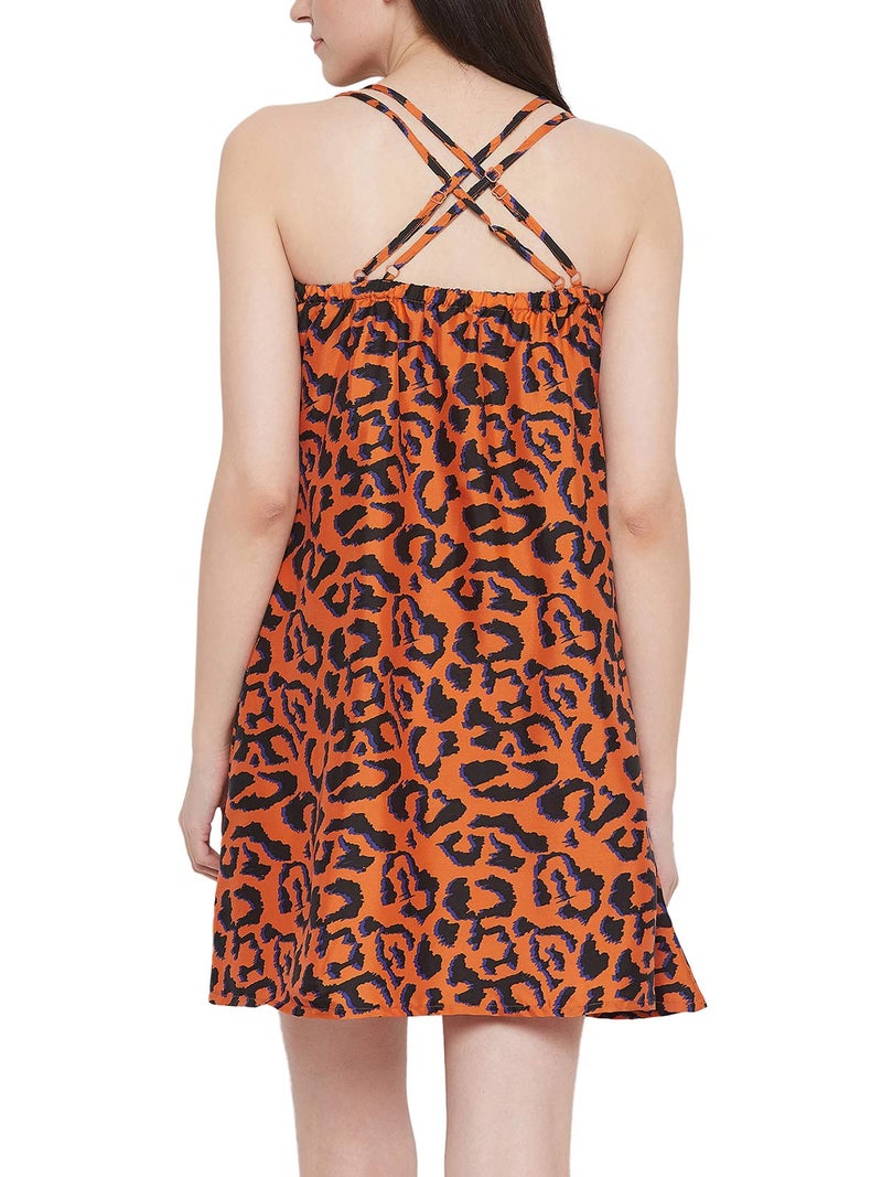 Clovia Women's Crepe Animal Print Knee Length Night Dress (NS1303P06L_Brown_L) - Image 4