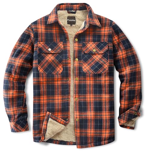 Puwasa Mens Sherpa Lined Cotton Flannel Shirt Jacket Plaid Button Up Jacket Coat for Men with Pocket Orange Medium