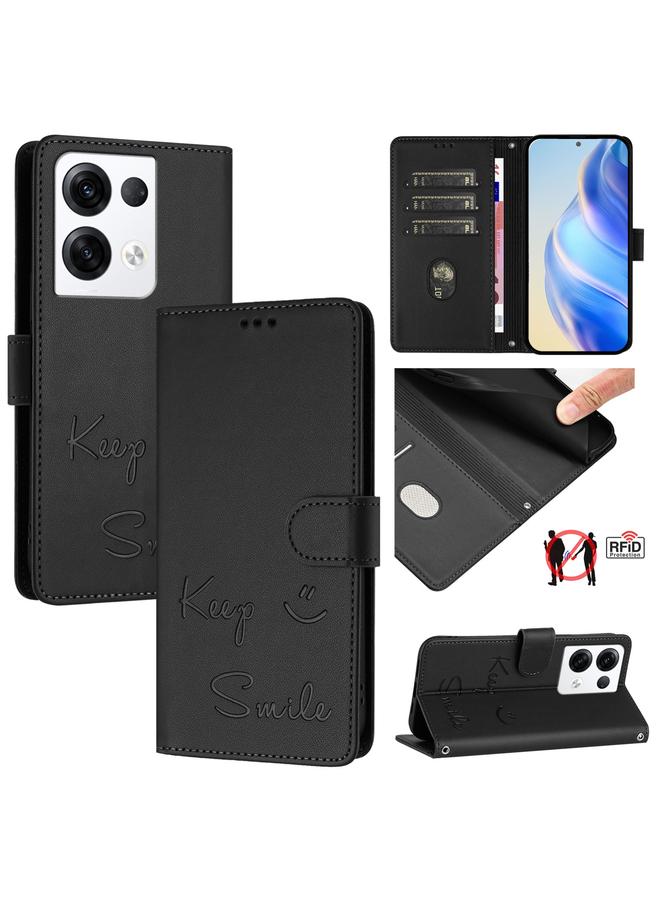 The Bros Case For OPPO Reno8 Pro 5G Global Smile Embossing RFID Leather Phone Case