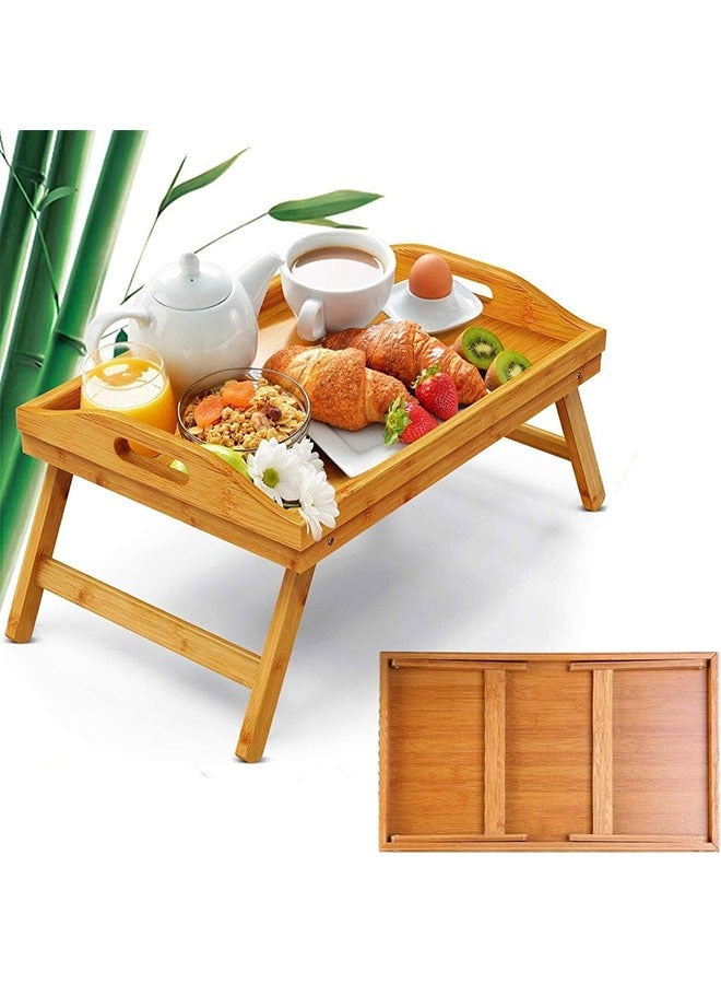 طاولة سرير قابلة للطي، صينية إفطار من الخيزران، مكتب كمبيوتر محمول مع مقابض وأرجل قابلة للطي للتخييم والعمل والقراءة والدراسة والإفطار وتناول الوجبات الخفيفة - صينية طعام طاولة قابلة للطي - Image 1