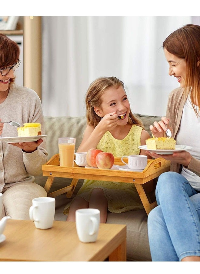 طاولة سرير قابلة للطي، صينية إفطار من الخيزران، مكتب كمبيوتر محمول مع مقابض وأرجل قابلة للطي للتخييم والعمل والقراءة والدراسة والإفطار وتناول الوجبات الخفيفة - صينية طعام طاولة قابلة للطي - Image 3