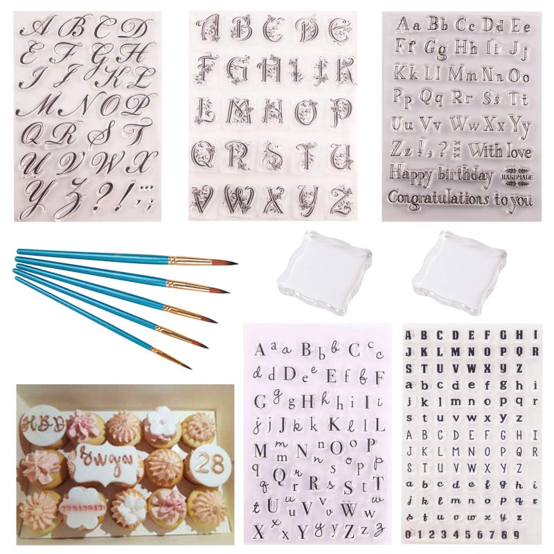 Aulufft 5 Pcs Alphabet Cake Stamp Tool Alphabet Numbers Fondant Cake Stamp Reusable Handwriting Embossed Alphabet Stamp for Fondant Biscuit Cake Cookie Stamp Baking
