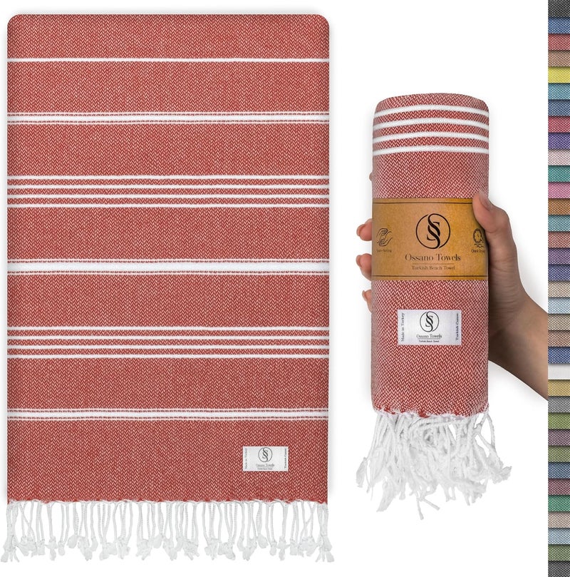 Ossano Turkish Beach Towel Striped & Soft Extra Large (39" x 71") - Quick Dry, Versatile and Functional as Yoga Mat, Gym, Outdoor and Shower Towel, Travel and Picnic Blanket - Red - Image 1