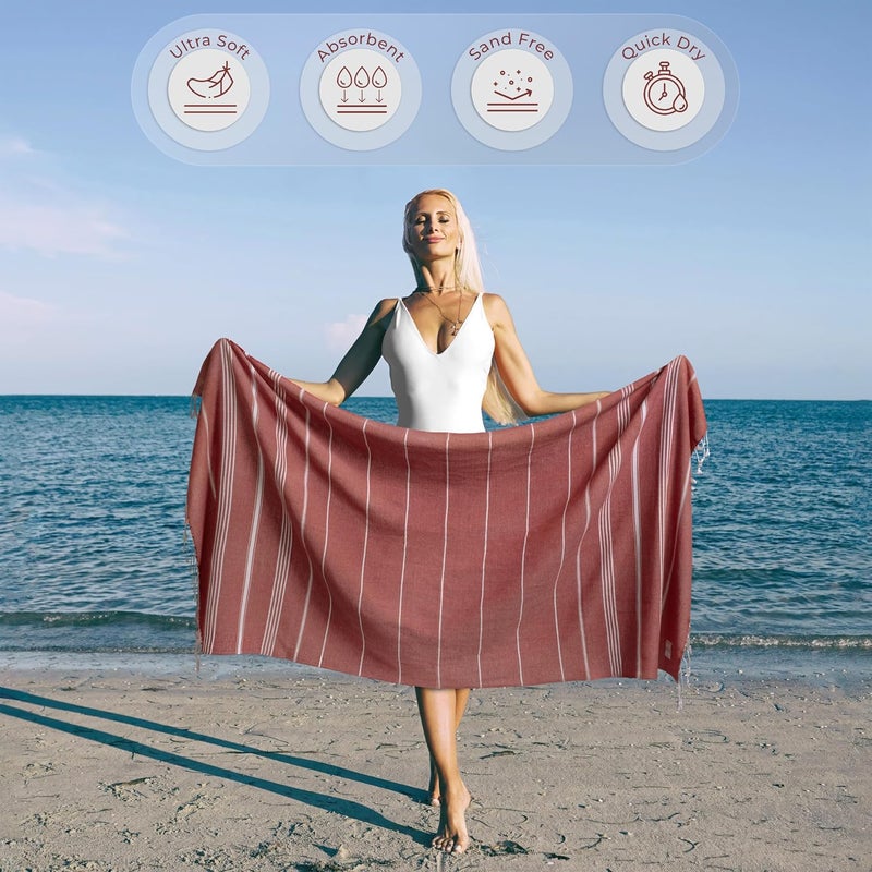 Ossano Turkish Beach Towel Striped & Soft Extra Large (39" x 71") - Quick Dry, Versatile and Functional as Yoga Mat, Gym, Outdoor and Shower Towel, Travel and Picnic Blanket - Red - Image 2