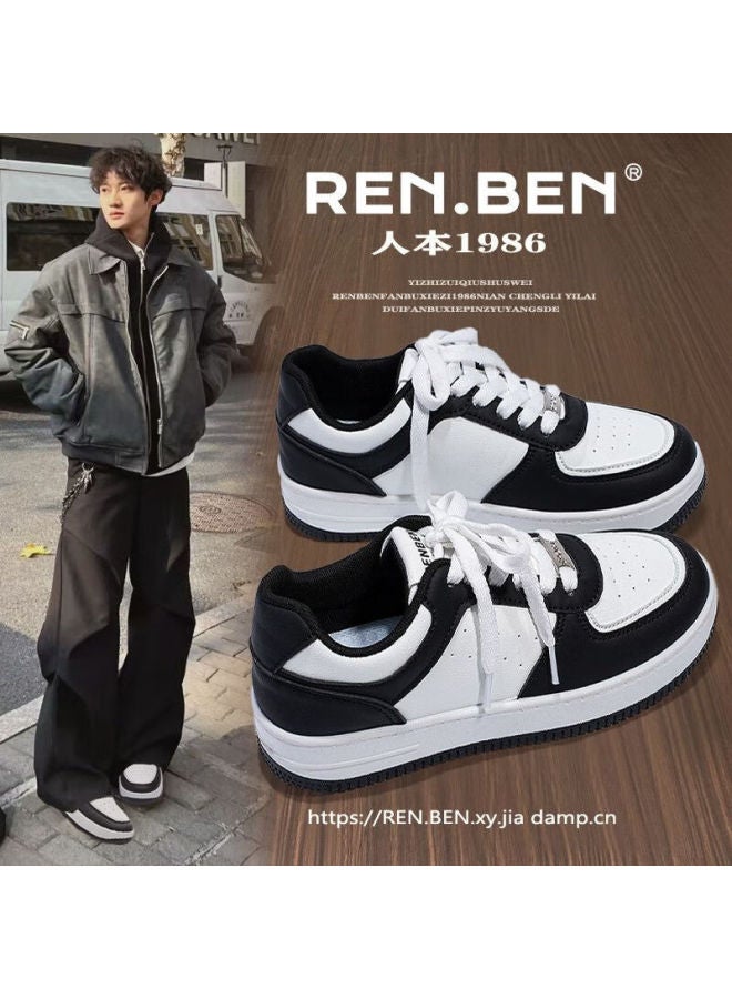 Renben Spring New White Sneakers Durable Leather Panel Trendy Breathable Comfortable Student Men's Shoes