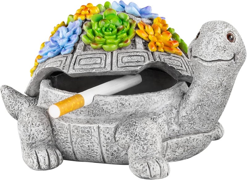 LESES Ashtray, Outdoor Ashtray with Lid Smokeless Waterproof Ash Tray with Cute Turtle Decor, Resin Ashtrays for Cigarettes Home Office, Porch Patio Decorations Indoor - Image 1