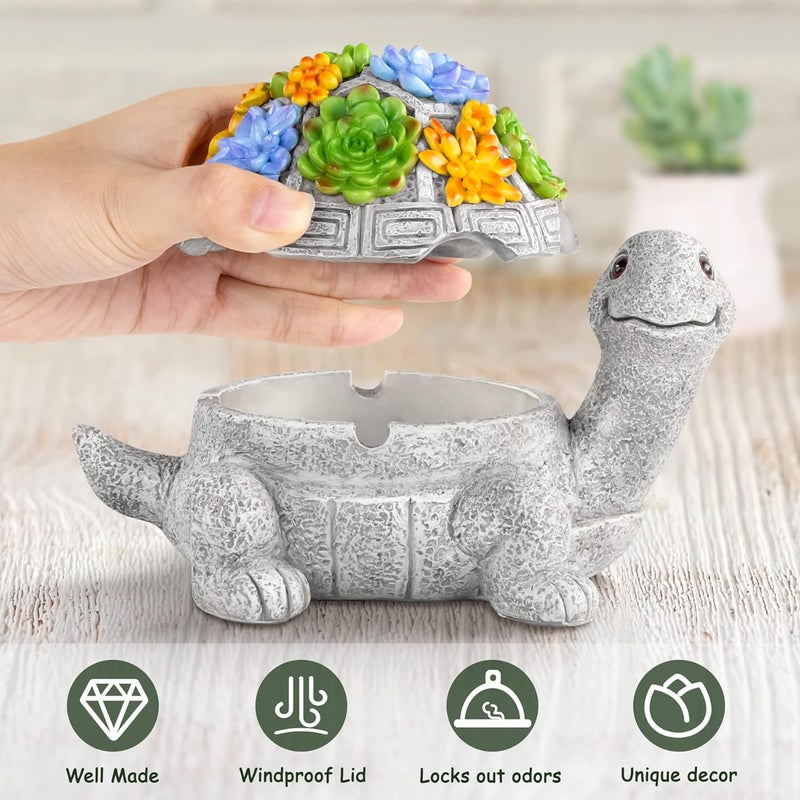 LESES Ashtray, Outdoor Ashtray with Lid Smokeless Waterproof Ash Tray with Cute Turtle Decor, Resin Ashtrays for Cigarettes Home Office, Porch Patio Decorations Indoor - Image 2