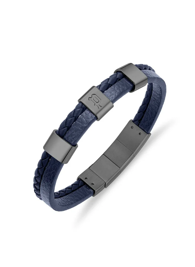 POLICE Unity BraceletDual-Textured Black Leather with Grey-Metal Square Motifs and P SymbolBold Men's Style