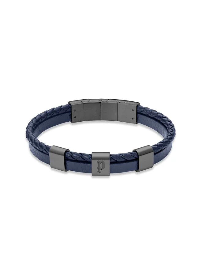 POLICE Unity BraceletDual-Textured Black Leather with Grey-Metal Square Motifs and P SymbolBold Men's Style