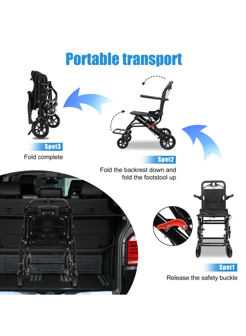XiuWoo Lightweight Folding Wheelchair for Adults, Portable Transport Chairs with Foot Rests, Aluminum Frame with PU Wheels, Adjustable Safety Strap for Adults Seniors Elderly - Image 5