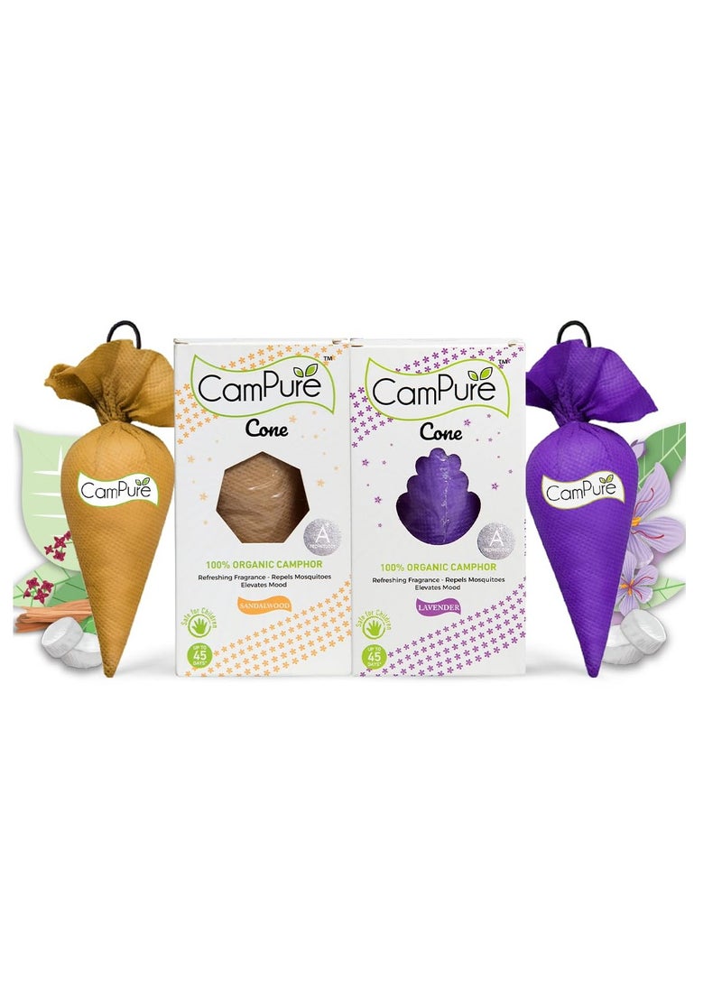 Mangalam CamPure Camphor Cone (1 Sandalwood + 1 Lavender) Pack Of 2-100% Organic | Air Freshener For Car, Wardrobe, Office Cabin's, Drawers, Travel Bag & Bathroom  - Image 1