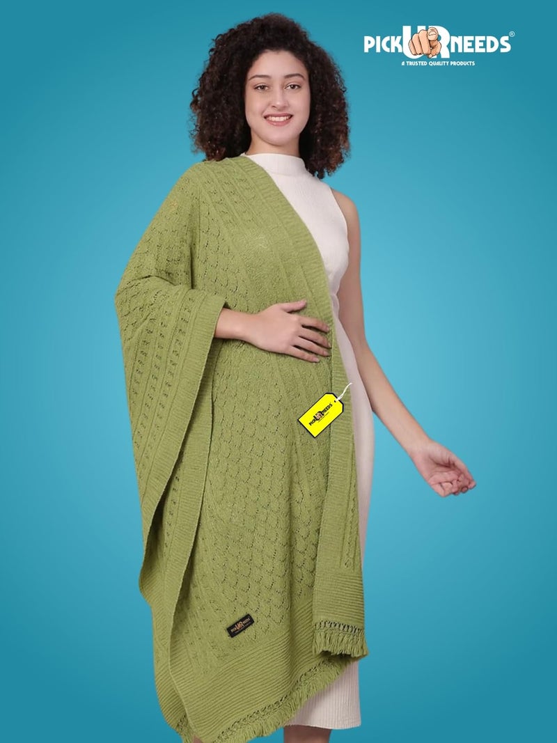 Pick Ur Needs Women’s Premium Knitted Winter Soft Shawl Woolen Warm Stole with Elegant Lace Pattern & Tassels For Girls (Pista Green) - Image 2