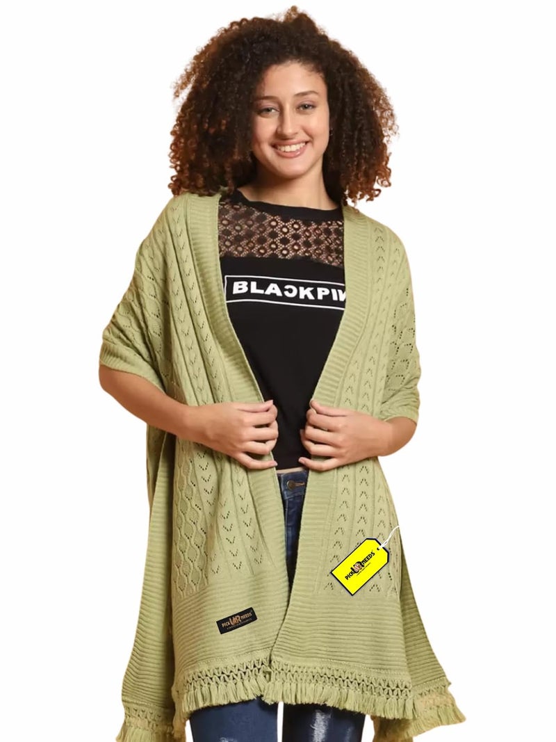 Pick Ur Needs Women’s Premium Knitted Winter Soft Shawl Woolen Warm Stole with Elegant Lace Pattern & Tassels For Girls (Pista Green) - Image 1