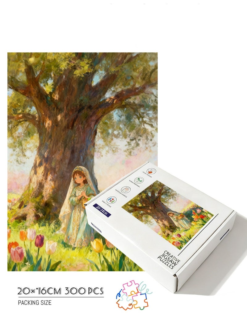 GALADUNE 300 Pieces Jigsaw Puzzle for Adults & Kids, Girl in a Tulip Field Illustration, Stress Relief Puzzle Toy, Perfect Ramadan & Holiday Gift - Image 1