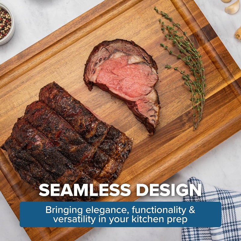 Viking Cutting Board, Reversible Acacia Wood Butcher Block Prep and Carving Board for Kitchen Countertop, 3-Built-In Compartments, 20 Inch - Image 5