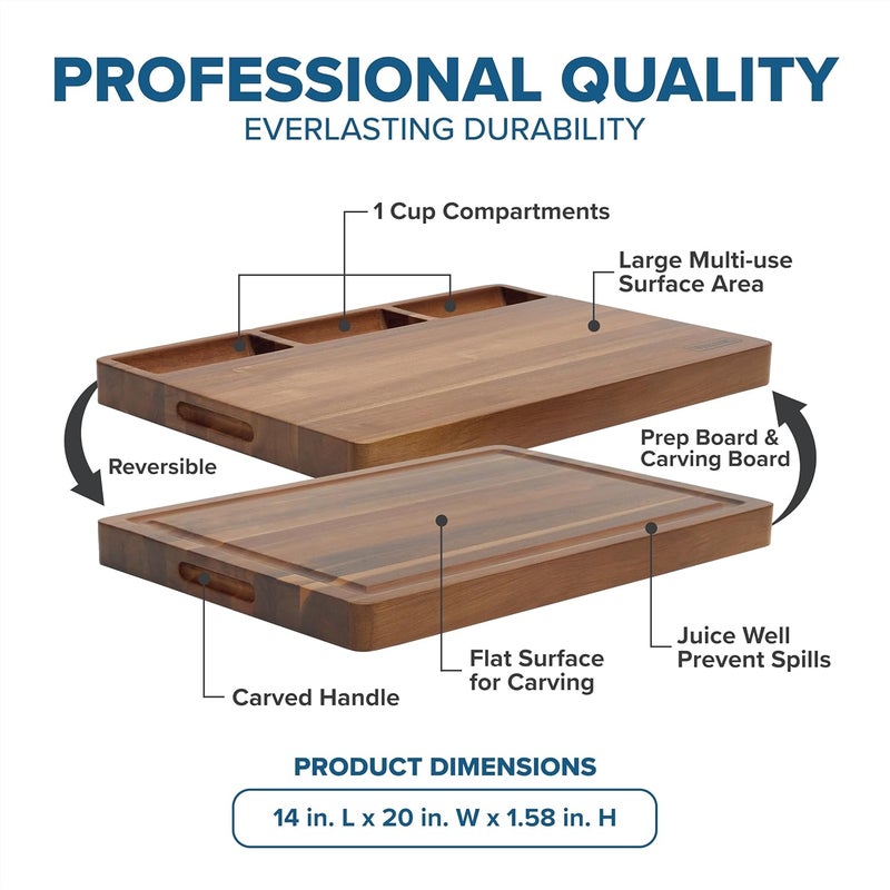 Viking Cutting Board, Reversible Acacia Wood Butcher Block Prep and Carving Board for Kitchen Countertop, 3-Built-In Compartments, 20 Inch - Image 4