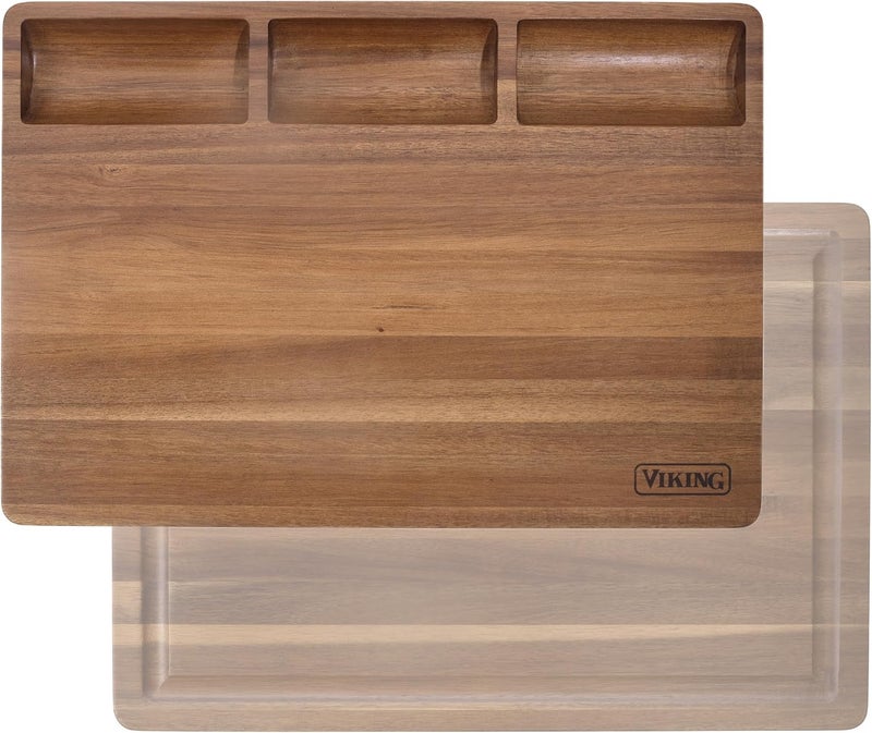 Viking Cutting Board, Reversible Acacia Wood Butcher Block Prep and Carving Board for Kitchen Countertop, 3-Built-In Compartments, 20 Inch - Image 1