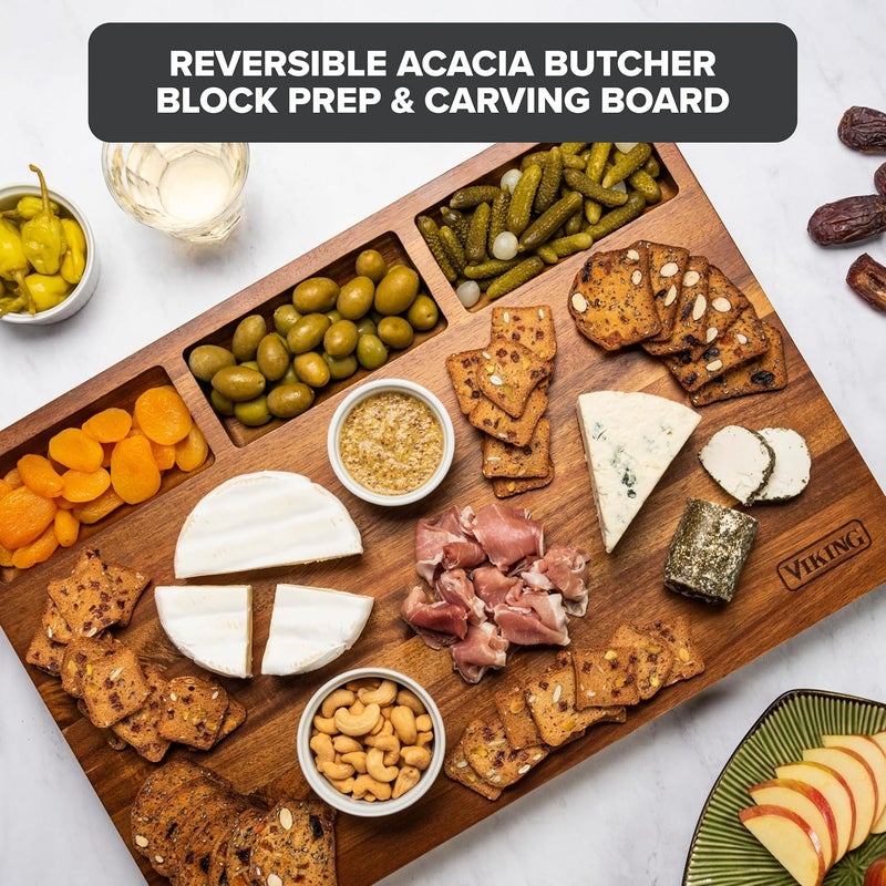 Viking Cutting Board, Reversible Acacia Wood Butcher Block Prep and Carving Board for Kitchen Countertop, 3-Built-In Compartments, 20 Inch - Image 2