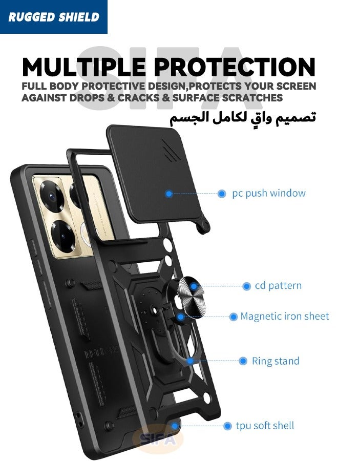 راجيد شيلد حافظة Infinix Note 40 Pro/40 Pro+ 5G (وليس 4G) مع غطاء كاميرا، غطاء هاتف مقاوم للصدمات شديد التحمل من الدرجة العسكرية مع مسند حلقي لهاتف Infinix Note 40 Pro/40 Pro+ 5G، أسود - Image 3