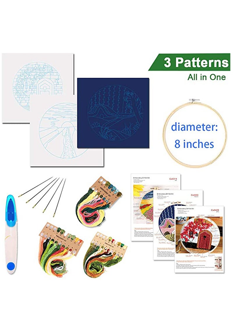 Embroidery Starter Kit with Pattern and Instructions 3 Sets Cross Stitch Kit Include Embroidery Clothes with Plants Flowers Pattern 1 Embroidery Hoops Color Threads and Tools