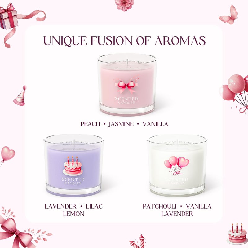 CHILLFLAME Birthday Candles, Scented Candles Gift Set for Stress Relief, 3 Votive Candles for Women and Men, Birthday Candle Gifts for Women (Pink + Purple + White, 7 oz) - Image 2