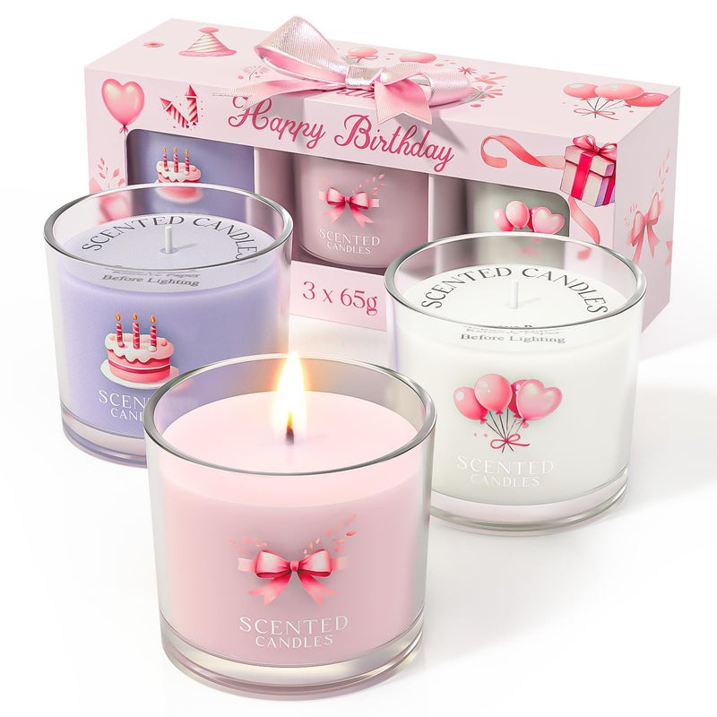 CHILLFLAME Birthday Candles, Scented Candles Gift Set for Stress Relief, 3 Votive Candles for Women and Men, Birthday Candle Gifts for Women (Pink + Purple + White, 7 oz) - Image 1