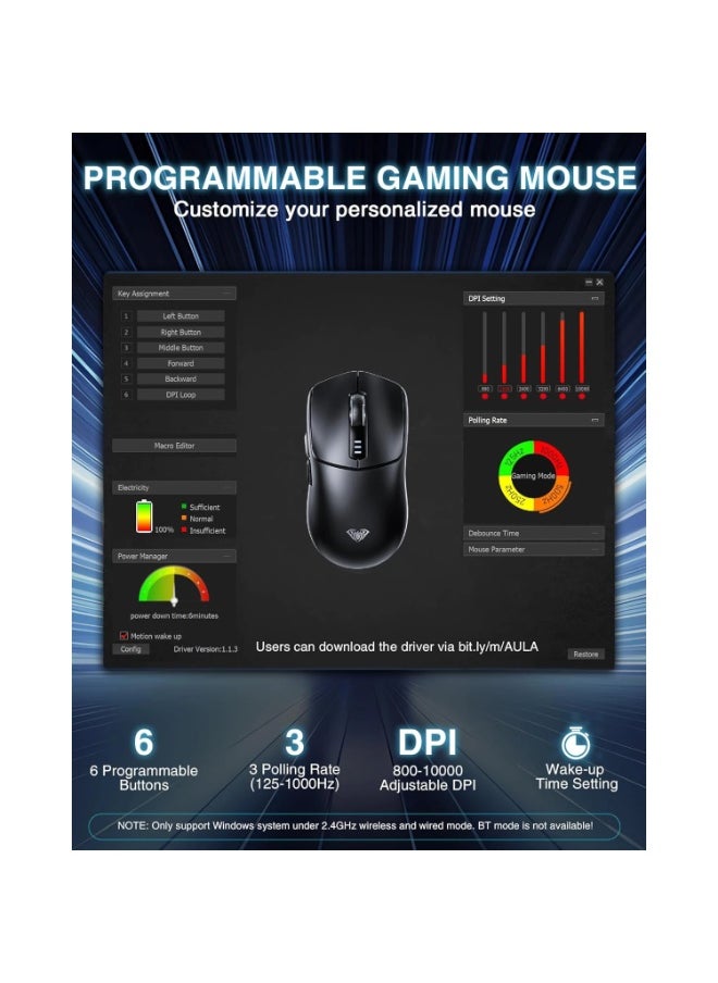 AULA - SC580 Wireless Gaming Mouse, Tri-Mode 2.4G/BT5.0/USB-C Gaming Mouse, 10000 DPI Rechargeable Wireless Mouse with 6 Programmable Buttons, Ergonomic Computer Mouse for Laptop/PC/Mac/Tablet - Image 1