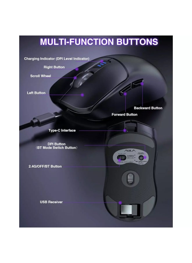 SC580 Wireless Gaming Mouse, Tri-Mode 2.4G/BT5.0/USB-C Gaming Mouse, 10000 DPI Rechargeable Wireless Mouse with 6 Programmable Buttons, Ergonomic Computer Mouse for Laptop/PC/Mac/Tablet