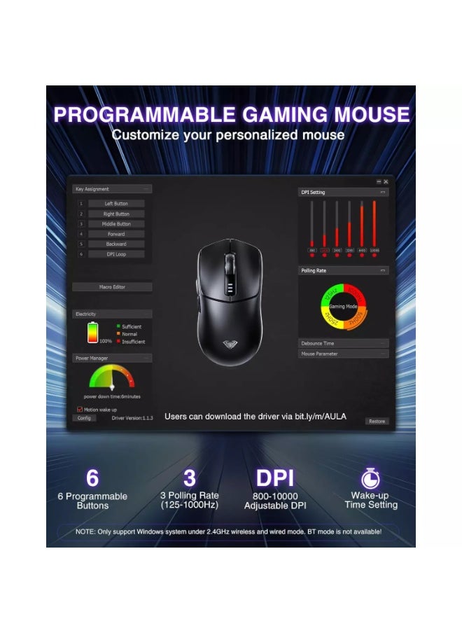 SC580 Wireless Gaming Mouse, Tri-Mode 2.4G/BT5.0/USB-C Gaming Mouse, 10000 DPI Rechargeable Wireless Mouse with 6 Programmable Buttons, Ergonomic Computer Mouse for Laptop/PC/Mac/Tablet