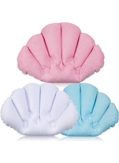 3 Pieces Inflatable Bath Pillow With Suction Cups Terry Cloth Covered Bath Pillow Shell Shape Bathtub Spa Pillow Comfortable Soft Bath Cushion Neck Support For Bathtub Hot Tub (Pink Green White)