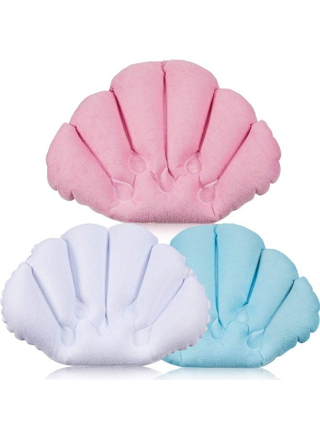 Jetec - 3 Pieces Inflatable Bath Pillow With Suction Cups Terry Cloth Covered Bath Pillow Shell Shape Bathtub Spa Pillow Comfortable Soft Bath Cushion Neck Support For Bathtub Hot Tub (Pink Green White) - Image 1
