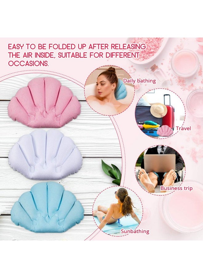Jetec - 3 Pieces Inflatable Bath Pillow With Suction Cups Terry Cloth Covered Bath Pillow Shell Shape Bathtub Spa Pillow Comfortable Soft Bath Cushion Neck Support For Bathtub Hot Tub (Pink Green White) - Image 1