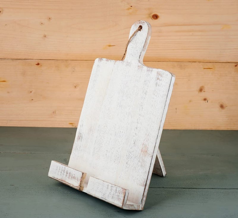 Eximious India Wedding Gifts Wooden Cookbook Stand Chopping Board Style Foldable Recipe Book Stand Holder Easel for Kitchen Text Book Tablet L 9.5 x B 1.5 x H 14 inches (White) Cooking Gifts - Image 1