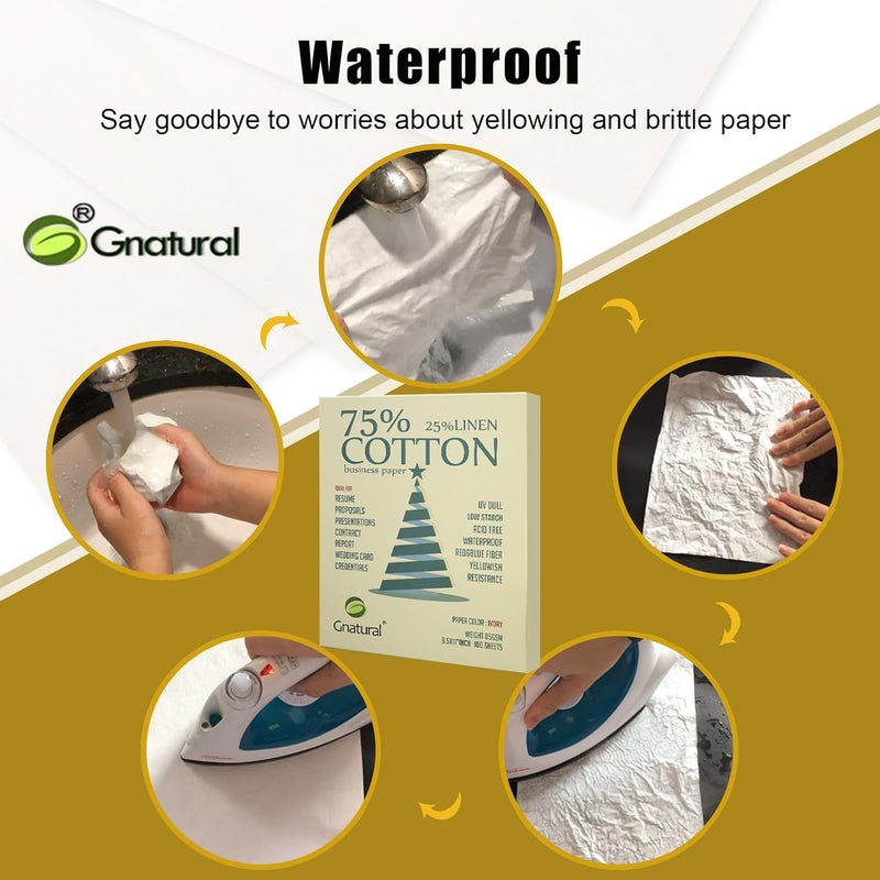 gnatural 75% Cotton 25% Linen Business Paper, Ivory 85gsm 8.5"W x 11"L Resume Paper, Won't Get Wet Printing Paper 100/Box with Low Starch - Image 3