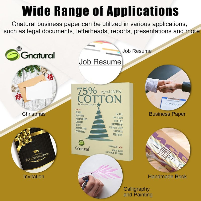 gnatural 75% Cotton 25% Linen Business Paper, Ivory 85gsm 8.5"W x 11"L Resume Paper, Won't Get Wet Printing Paper 100/Box with Low Starch - Image 5