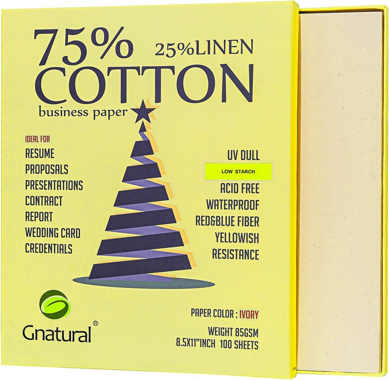 gnatural 75% Cotton 25% Linen Business Paper, Ivory 85gsm 8.5"W x 11"L Resume Paper, Won't Get Wet Printing Paper 100/Box with Low Starch - Image 1