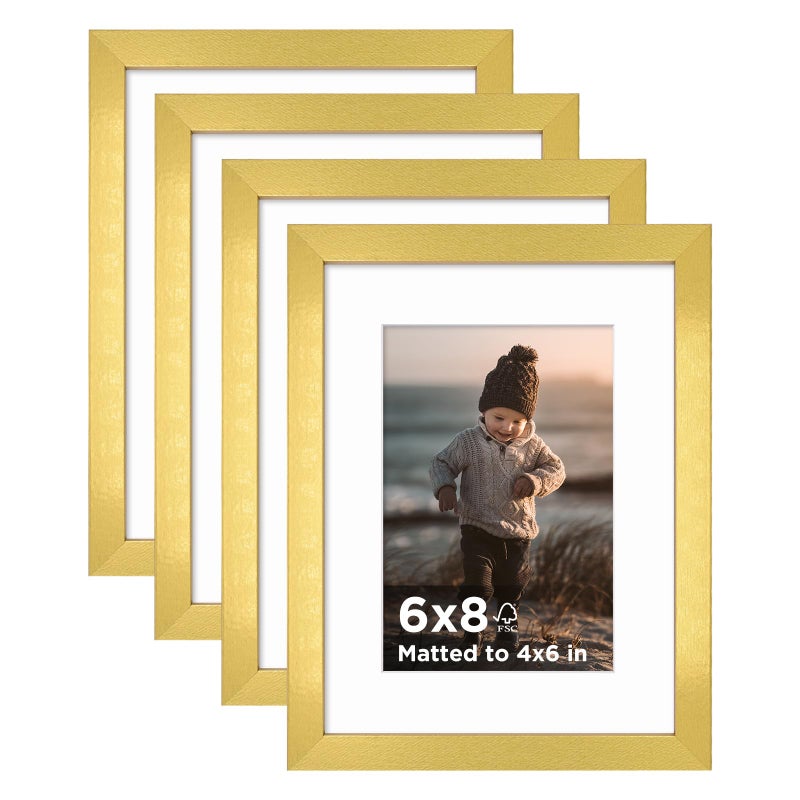 KINLINK 6x8 Picture Frame Gold Set of 4 Wooden Photo Frames Matted 4x6 with Plexiglass for 4x6 with Mat or 6x8 without Mat for Table and Wall Display