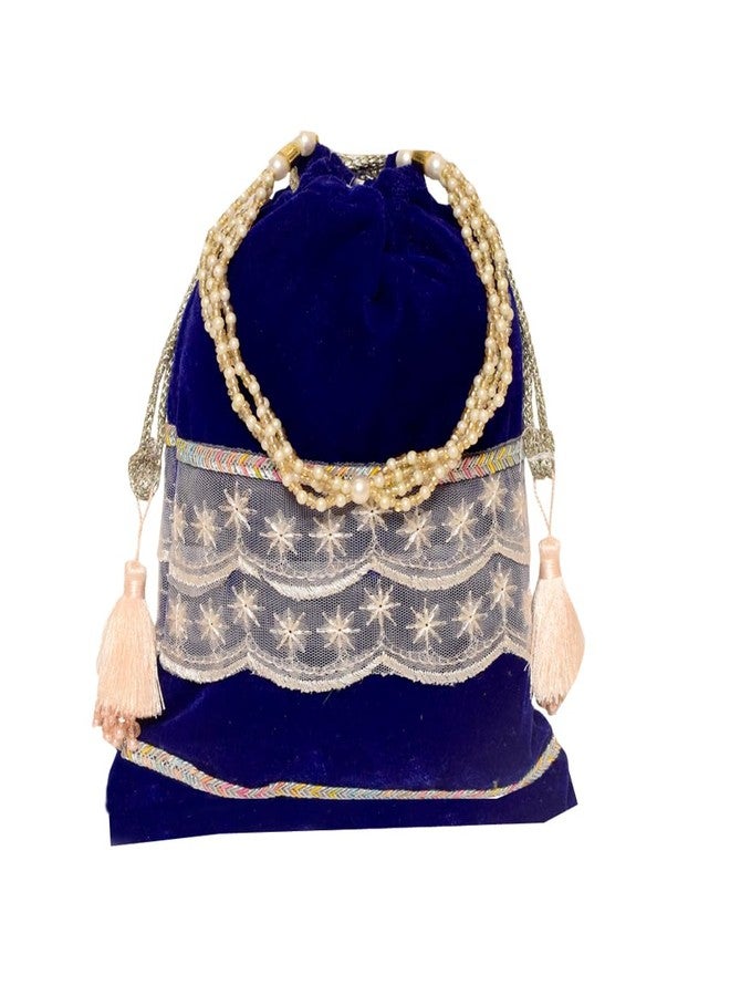 Dulhan Velvet Potli Bag with Pearl Handle | Sequin Tissue Lace Zari Tassels and Resham Dori | Royal Blue Soft Padded Wedding Shagun Pouch for Return Gifts, Wedding, Winter and Festive Use (Pack of 1) - Image 1