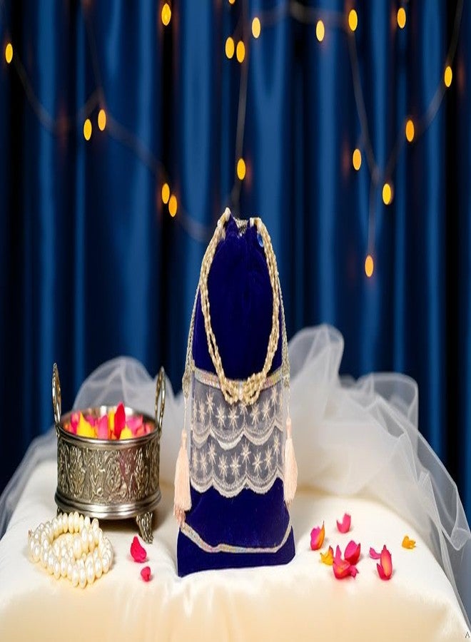 Dulhan Velvet Potli Bag with Pearl Handle | Sequin Tissue Lace Zari Tassels and Resham Dori | Royal Blue Soft Padded Wedding Shagun Pouch for Return Gifts, Wedding, Winter and Festive Use (Pack of 1) - Image 2