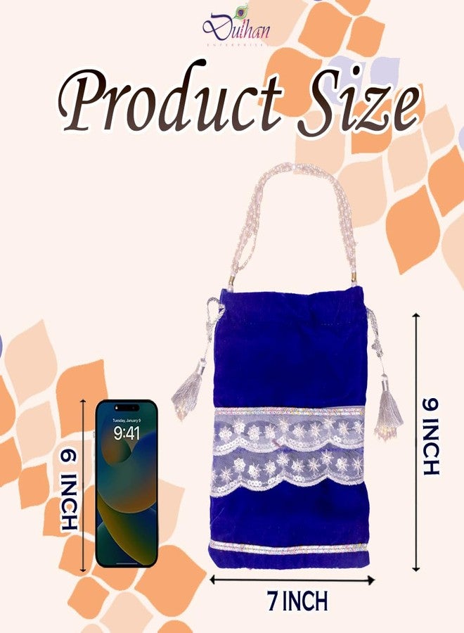 Dulhan Velvet Potli Bag with Pearl Handle | Sequin Tissue Lace Zari Tassels and Resham Dori | Royal Blue Soft Padded Wedding Shagun Pouch for Return Gifts, Wedding, Winter and Festive Use (Pack of 1) - Image 3
