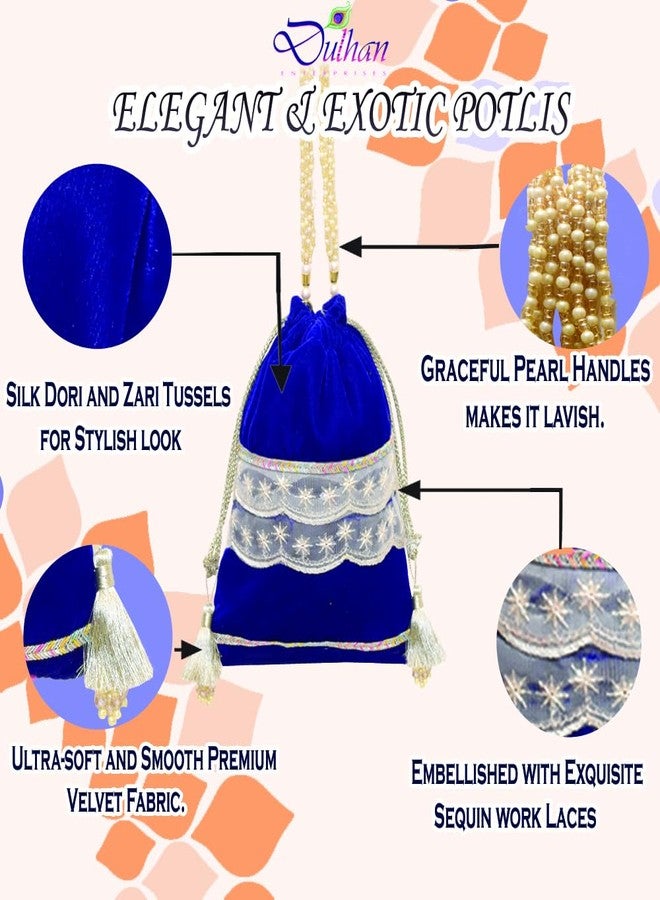 Dulhan Velvet Potli Bag with Pearl Handle | Sequin Tissue Lace Zari Tassels and Resham Dori | Royal Blue Soft Padded Wedding Shagun Pouch for Return Gifts, Wedding, Winter and Festive Use (Pack of 1) - Image 4