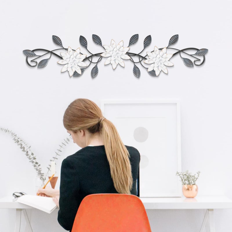 KHJCXS Metal Wall Art Modern Minimalist Metal Flowers Indoor Decor Horizontal Wall Art Iron Artwork,for Over Door,Bedroom,Living Room,Kitchen,Office Scroll Decor (White2) - Image 5