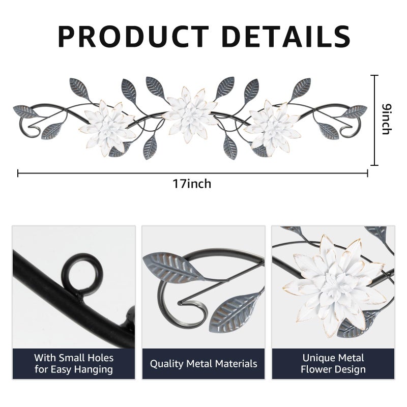 KHJCXS Metal Wall Art Modern Minimalist Metal Flowers Indoor Decor Horizontal Wall Art Iron Artwork,for Over Door,Bedroom,Living Room,Kitchen,Office Scroll Decor (White2) - Image 3