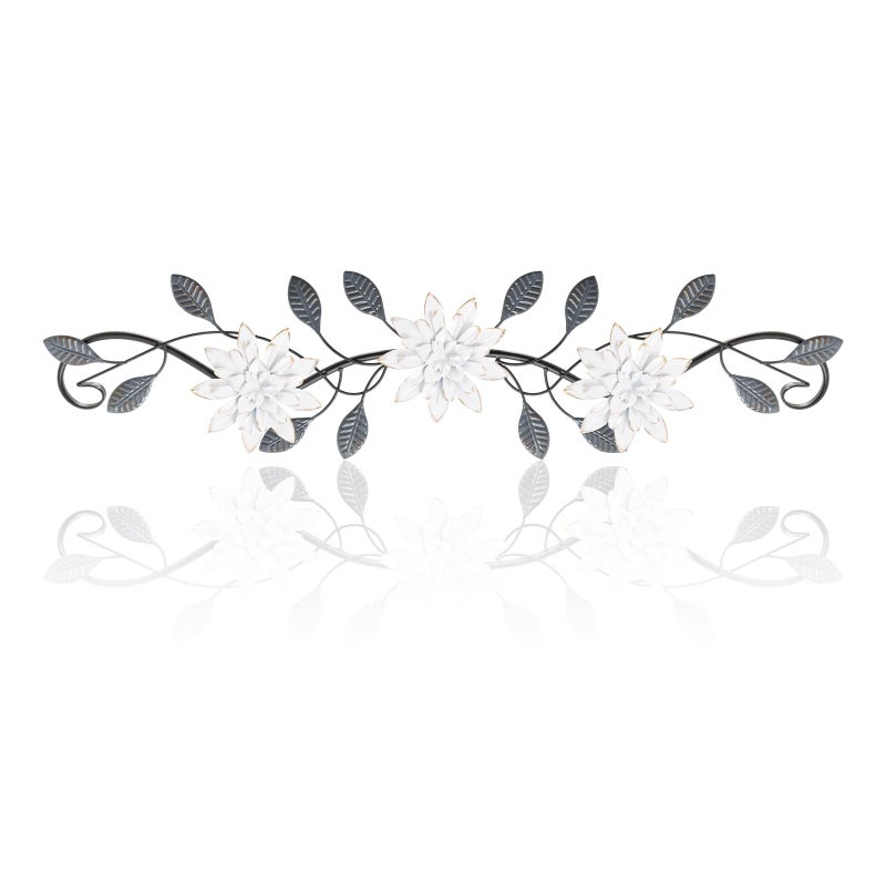 KHJCXS Metal Wall Art Modern Minimalist Metal Flowers Indoor Decor Horizontal Wall Art Iron Artwork,for Over Door,Bedroom,Living Room,Kitchen,Office Scroll Decor (White2) - Image 1