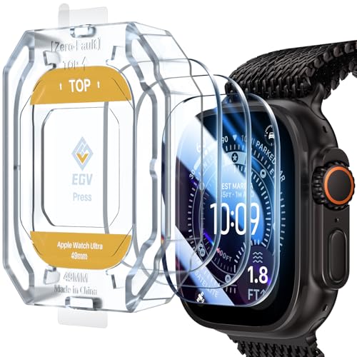 EGV 3 Pack for Apple Watch Ultra 3/Ultra 2/Ultra Screen Protector 49mm [Upgrade][Military Grade Protection] Top 9H+ HD Tempered Glass for iWatch Ultra 49mm with Auto-alignment Installation Frame, Anti Scratch - Image 1