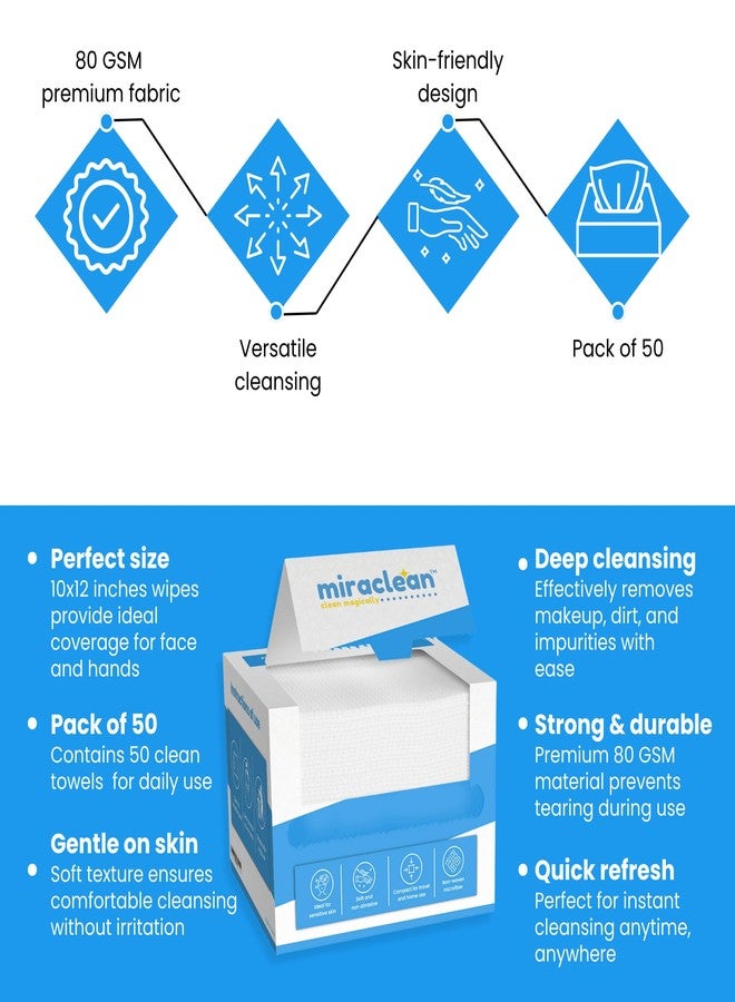 Miraclean Dry Face Towels XL 10" x 12" - 50 Pack Ultra Soft Disposable Cloths Thick And Durable Face Towelettes For Clean Skin Routine - Image 2